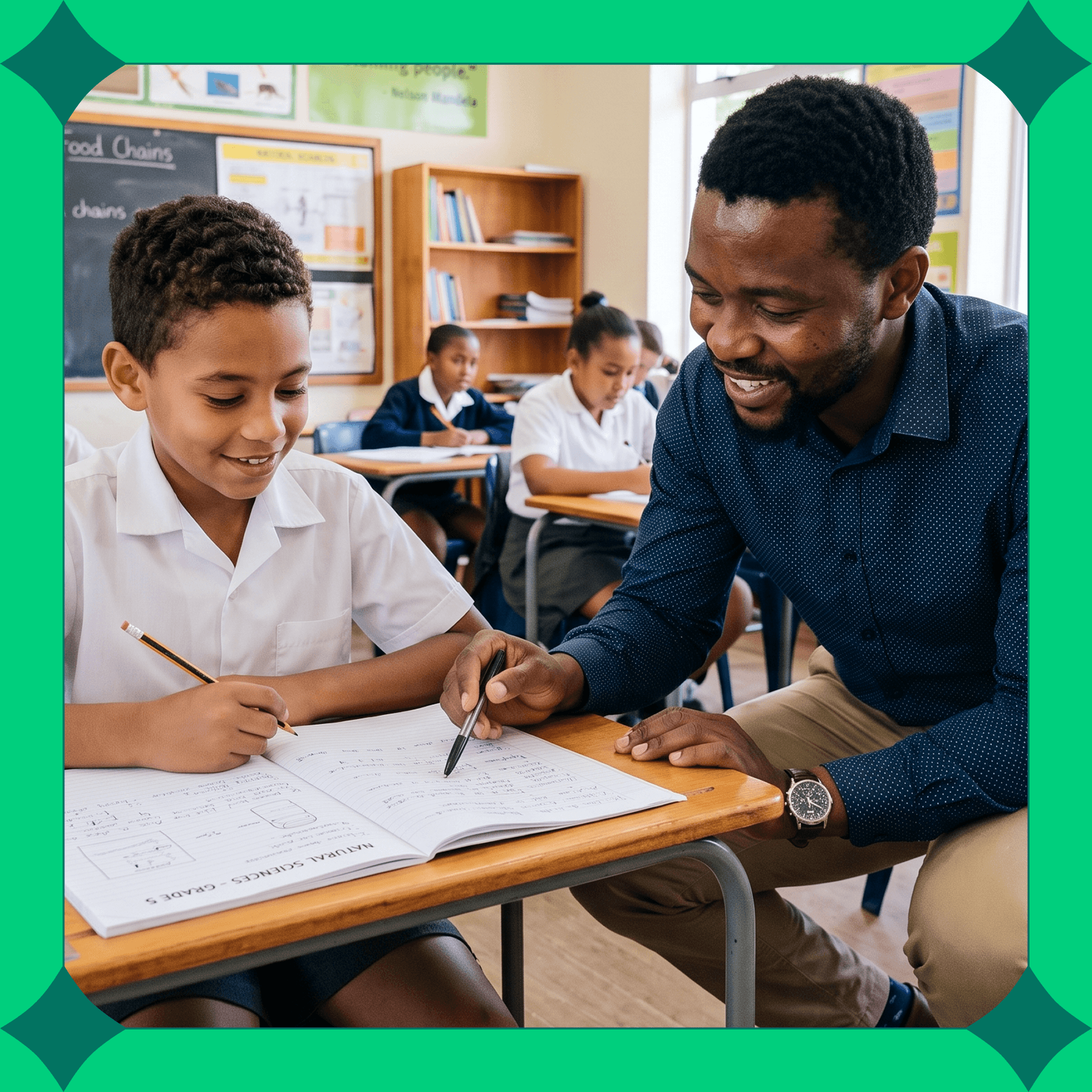 A teacher crouching beside a pupil's desk, pointing with a pen at the open exercise book the boy is writing in, with classmates working at desks behind them